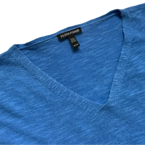 Eileen Fisher Organic Cotton Linen Blue V Neck Pull over, XS - Picture 2 of 7
